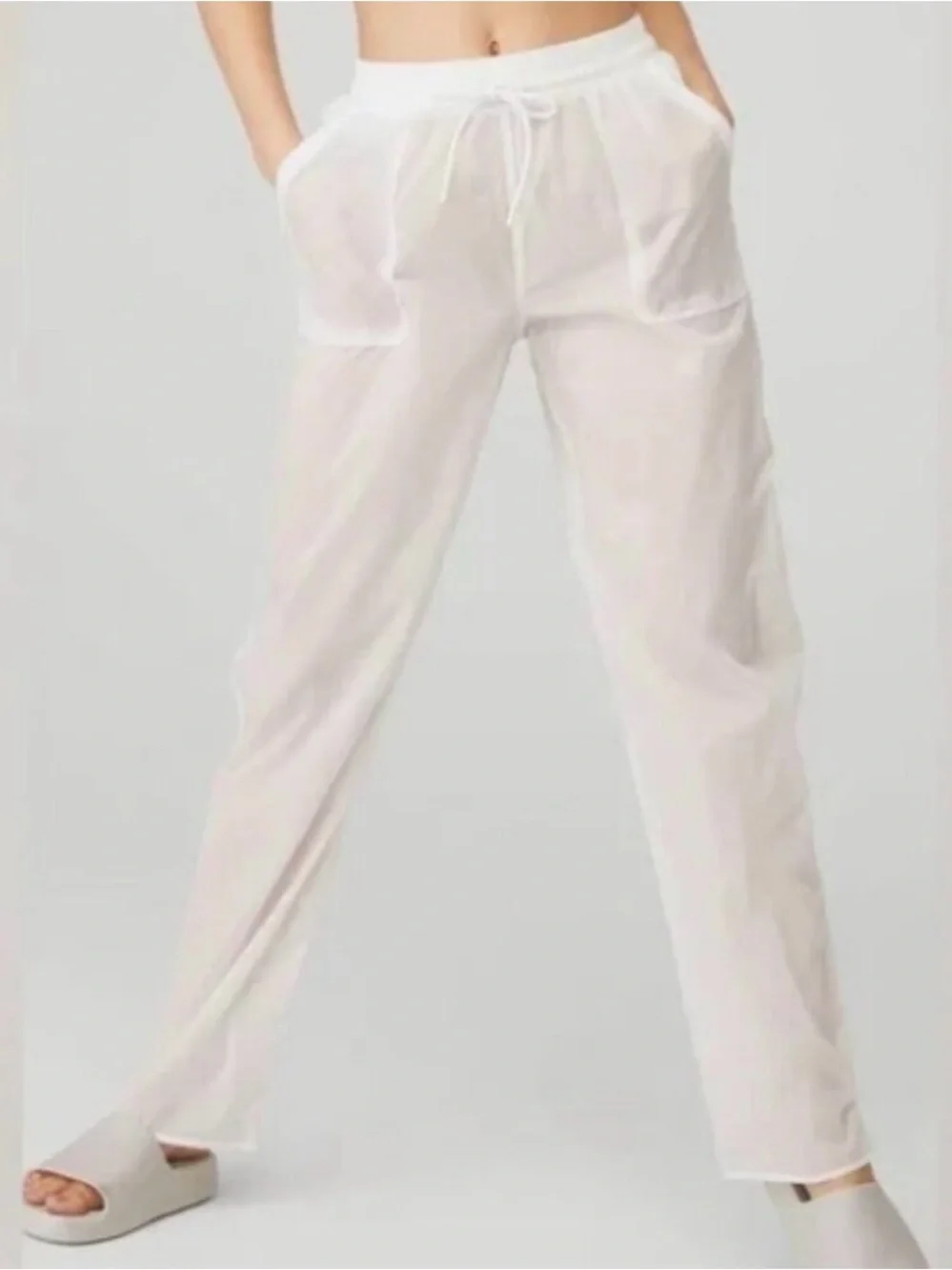 Alo Yoga White Cloud Nine Nylon‎ Sheer Wide Leg Drawstring Beach Pants
